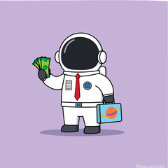 cheerful astronaut holding money and briefcase
