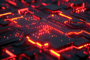Fototapeta premium Illustration background of Glowing red futuristic circuit board with illuminated pathways and intricate details