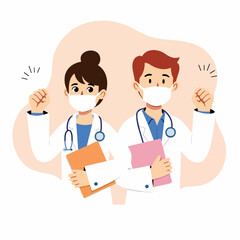 two smiling doctors in white coats and masks showcasing and success
