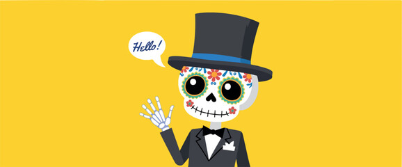 friendly skull character waving hello