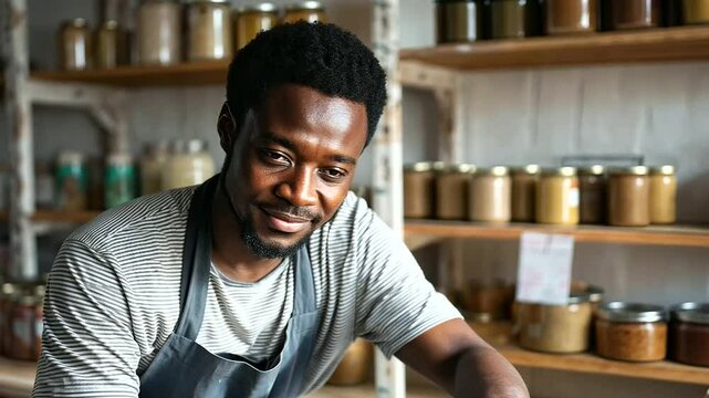 A young volunteer organizes food donations at a charity drive.