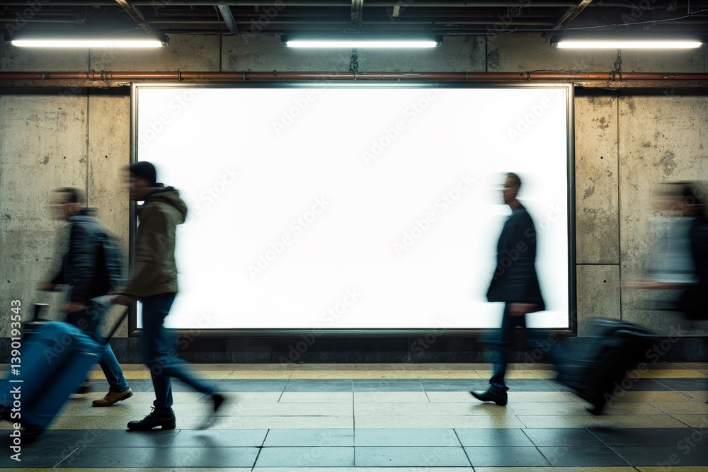 Poster empty illuminated billboard on subway wall with motion-blurred people passing by, perfect for advert