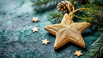 Golden Star Ornament on Green Pine Branches for Christmas Decor