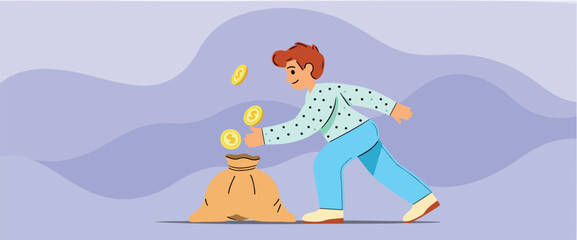 happy person is playfully adding coins to a money bag symbolizing savings and financial success