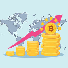 bitcoin's global financial growth illustrated with rising stacks of gold coins and an upward trending arrow