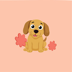 cheerful golden puppy sitting with coral flowers