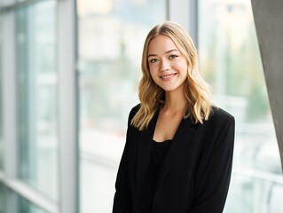 Young businesswoman in her thirties, in a black suit, standing in her office, smiling, looking at the camera. Professional and friendly working environment with natural light and short brown hair.