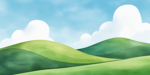 Obraz premium Watercolor Landscape: Rolling Hills and Cloudscape Illustration for Serene Backgrounds