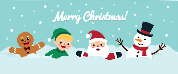 cheerful christmas characters in snowy scene