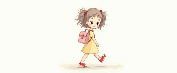 young girl in a yellow dress walks to school carrying a pink backpack