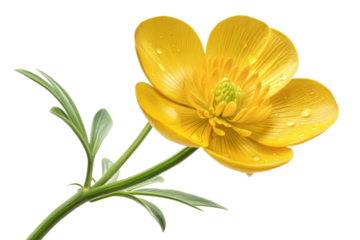 A buttercup flower icon with glossy, yellow petals and a round center

