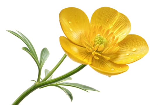 A buttercup flower icon with glossy, yellow petals and a round center
