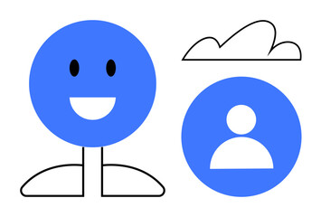 Simple blue figure with happy expression, geometric body parts, circular profile icon, abstract cloud. Ideal for positivity, identity, networking, communication, creativity community happiness