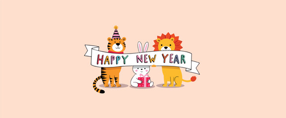 cheerful tiger lion and rabbit holding a happy new year banner