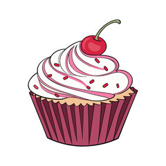 Cherry Topped Pink Frosting Cupcake Vector Illustration