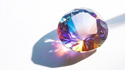 Fototapeta premium A dramatic photo of a faceted gem casting colorful shadows, isolated on white.