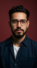Obraz premium Portrait of a man with glasses and a beard, wearing a navy shirt against a dark red background, looking directly at the camera.
