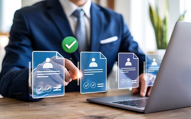 Employee Profiles and Recruitment Concept with Technology, Talent Selection, Digital Interface, Futuristic Workspace, and Virtual Screening for Innovative Hiring Process