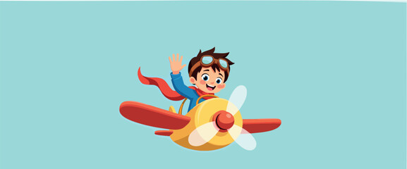 cheerful cartoon boy happily waving while piloting a yellow toy airplane