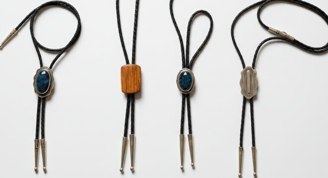 Four diverse bolo ties displayed against a pristine white background exhibiting craftsmanship