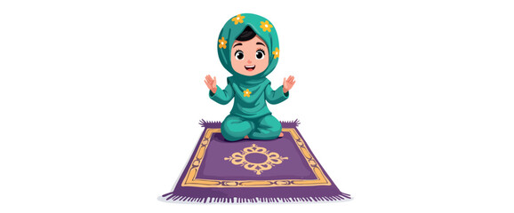 cheerful young girl in a teal hijab sits on a prayer mat conveying serenity and devotion.