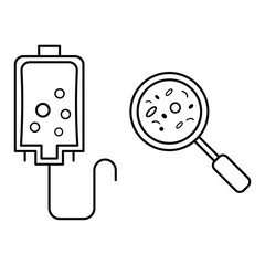 Hospital and medical health care equipment. Outlined magnifying glass, saline solution, virus, bacteria sign. IV bag icons illustration. 