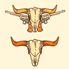 Wild West vector set symbol with longhorn skull and Western guns on American desert. Vector hand drawn vintage logo illustration isolated on white for design.