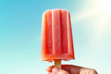 Bright popsicle held against clear blue sky radiates summer vibe