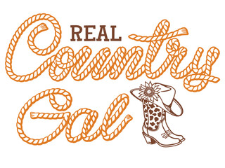 Country Girl vector illustration with cowboy boots floral and cowgirl hat. Vector Country Gal rope text with cowboy hat floral decor printable for tshirt , mags, posters.