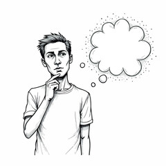 pensive young man contemplating an idea illustrated in grayscale