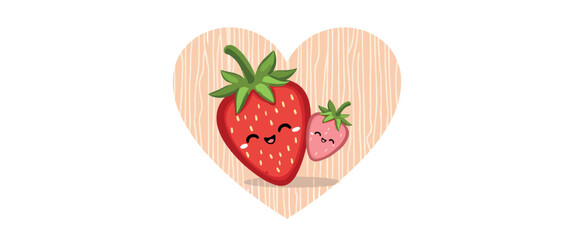 two smiling cartoon strawberries in a heart-shaped frame