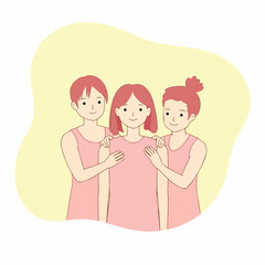 three women with pink hair embracing each other expressing support and friendship