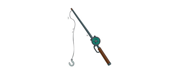 fishing rod with a teal reel and brown handle ready for use