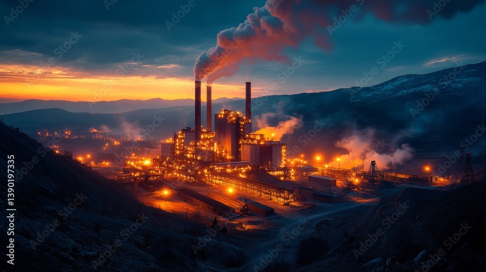 Poster a power generation facility is active at dusk, showcasing smokestacks with emissions, glowing struct