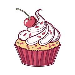 Cherry Topped Pink Frosting Cupcake Vector Illustration