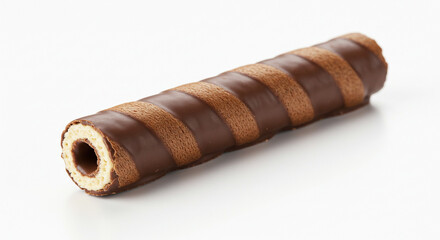 A decadent chocolate wafer roll, its rich brown swirls promising a delightful crunch and creamy filling, rests elegantly on a pristine white background.