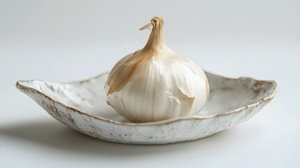 Fresh Garlic Bulb on Elegant Ceramic Dish Against Simple Background
