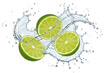 Vibrant lime slices with water splash in wave formation isolated on white background