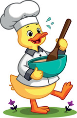 cheerful yellow duck chef enthusiastically stirs a mixture in a teal bowl