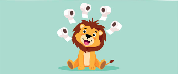 Obraz premium cheerful lion cub surrounded by rolls of toilet paper