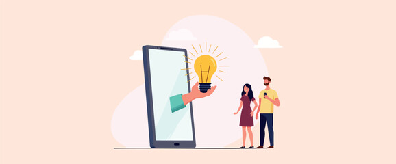 hand from a smartphone presents a glowing lightbulb to a young couple symbolizing new ideas and inspiration