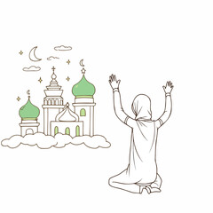 person kneeling in prayer at night facing a mosque