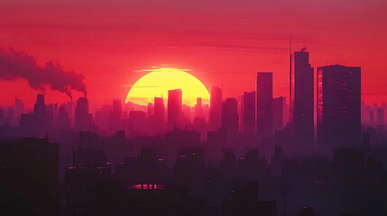 Fototapeta premium Sunset over futuristic city skyline.