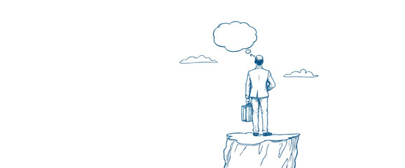 pensive businessman contemplates his future atop a cliff
