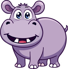cheerful cartoon of a purple hippopotamus with big eyes and a friendly smile