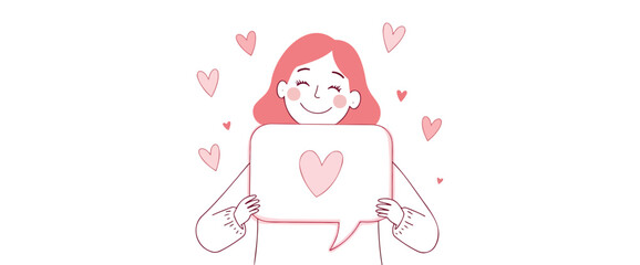 cheerful woman holding heart-adorned speech bubble