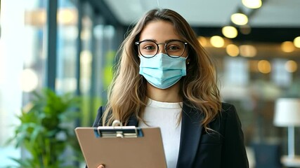 A businesswoman wearing glasses and a face mask, holding a clipboard with financial reports in an office meeting space, looking directly at the camera. - Powered by Adobe