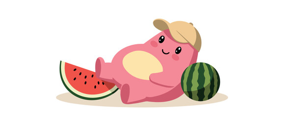 cheerful pink creature enjoying watermelon on a summer day