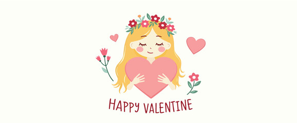 Fototapeta premium adorable blonde girl with flower crown holding a pink heart