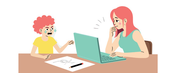 frustrated young boy and his concerned mother using a laptop during a drawing activity